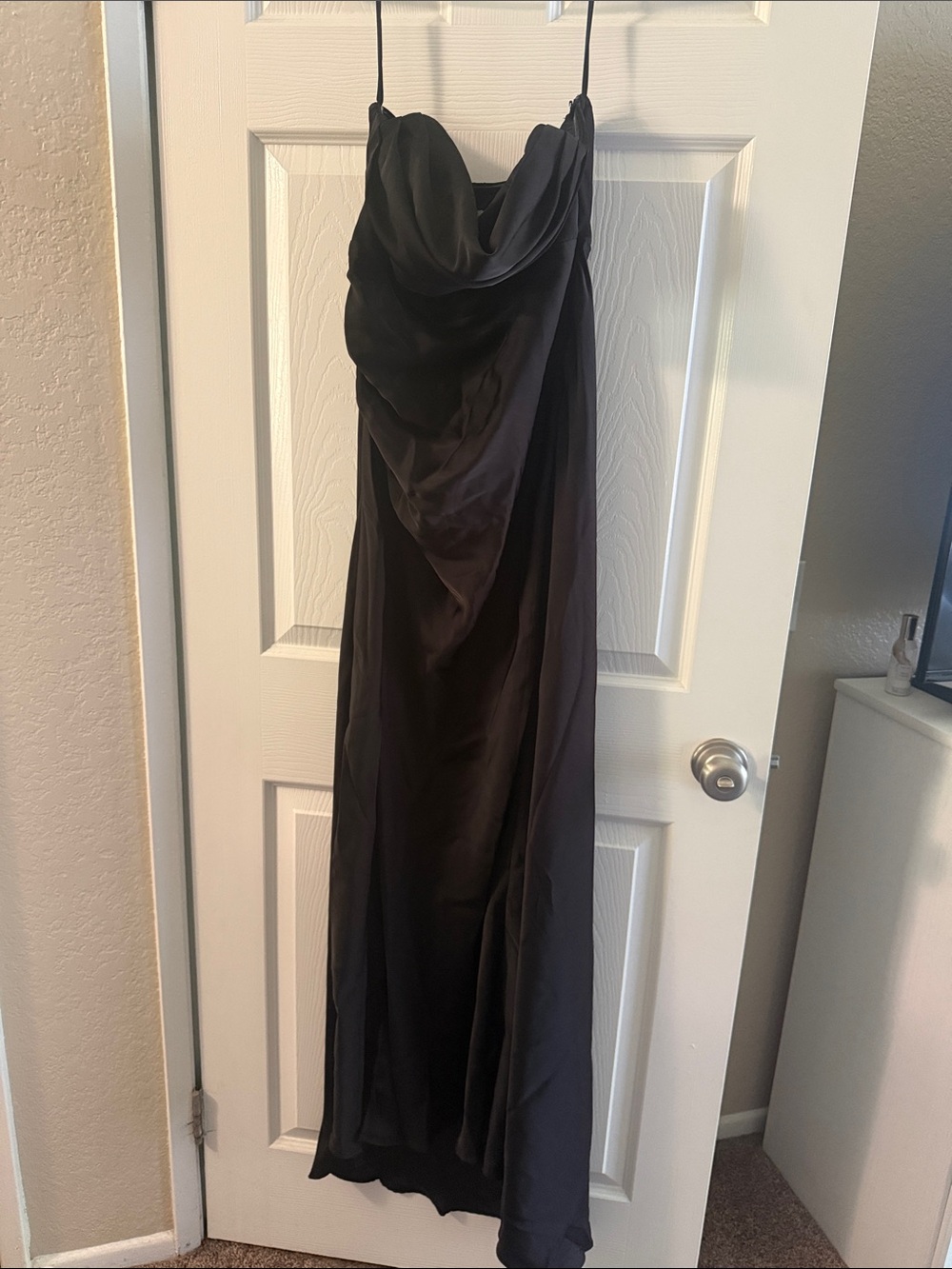 Strapless Black Satin Cowl Neck Evening Dress